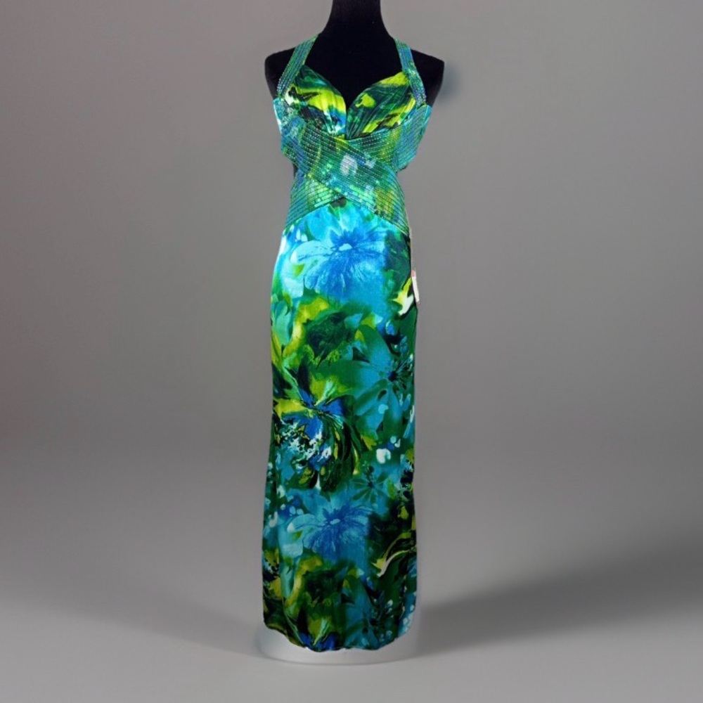 Masquerade Dress Womens 1/2 Green Blue Maxi Floral Gown Whimsy Fairy Prom Y2K - Picture 5 of 15